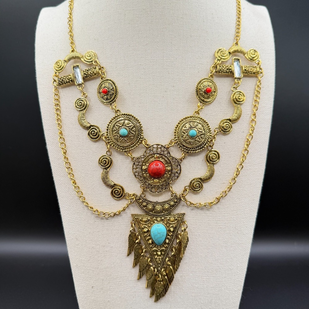 Antique Gold Tone Turquoise Red Stone Bib Necklace Boho Tribal Fringe Statement